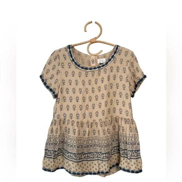 Sigrid Olson Beige Blue Country Print Doves & Floral Embroidery Trim Peplum Top - Picture 2 of 13